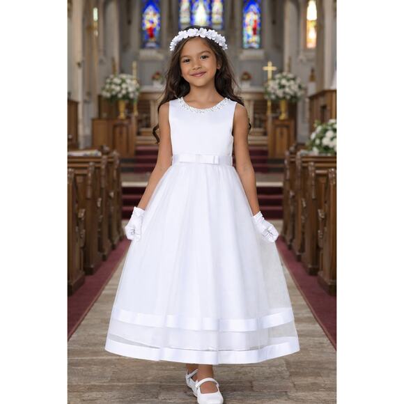 casual fall dresses 2022 Round Neck Flower Girl Dresses Cape Sleeve Lace First Holy Communion Dress Tulle Gown, White / 12